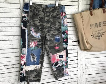 Camo Pants M/L/XL, Grunge Pants, Baggy Pants, Capri Length Pants, Patchwork Pants, Boho Pants, Decorated Pants, Upcycled Clothing for Women