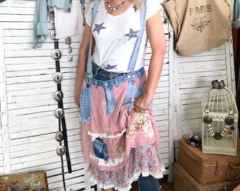Falda hipster con tirantes (tallas M/L/XL), falda rosa con volantes, mono, cinturilla vaquera y tirantes, para usar en capas, ropa reciclada para mujer.