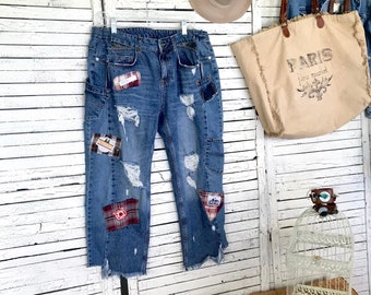 Boyfriend Jeans L/XL+, Ankle Length Jeans, Ripped Patched Jeans, Baggy Jeans, Boho, Vintage 80's Upcycled Jeans, Clothing for Women