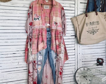 Boho Duster Coat M/L/XL, Pink Duster, Summer Duster, Asymmetrical/Long Hem, Patchwork Decor, Upcycled Clothing for Women