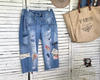 Reserved, Grunge Capri Jeans L/XL, Baggy Jeans, Light-weight Capri Length Jeans, Patchwork, Ripped Jeans, Upcycled Clothing for Women