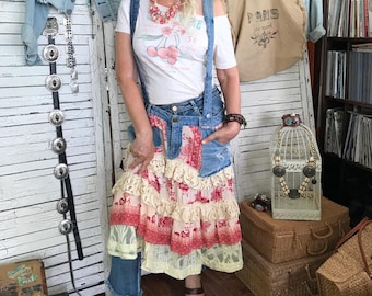 Falda hipster con tirantes (tallas M/L/XL), mono, estilo hipster, con bolsillos y tirantes de mezclilla, estilo cottage core, estilo shabby chic, ropa reciclada para mujer.