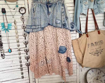 Falda vaquera con efecto desteñido talla S/M, vaqueros Zena vintage de talle alto rediseñados, dobladillo de encaje vintage tejido a mano, asimétrico, Denim a la Mode de Anika