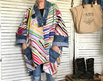 Artisan Quilt Jacket or Poncho, Oversized, Free Spirit Quilt Jacket, Hand Stitched Quilt Jacket, One of A Kind, Upcycled Clothing for Women