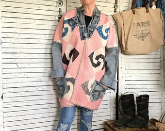 Pink Quilt Jacket or Poncho S/M/L, Upcycled Vintage Quilt Coat, Hand Stitched with tiny stitches, with Jeans Details, Upcycled Clothing