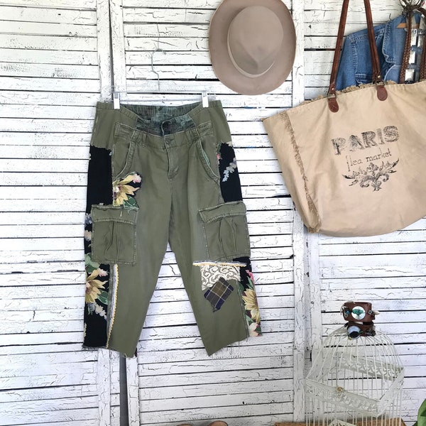 Reserved, Grunge Khaki Capri Pants L/XL, Baggy Pants, OOAK, Upcycled AE Green Khakis, Vintage Bark-Cloth, Upcycled Clothing Women