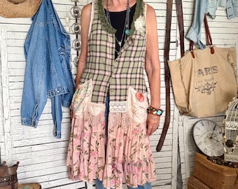 Upcycled CottageCore Dress or Duster, Shabby Chic, Sleeveless, size M