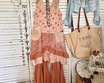 Conjunto de dos piezas: túnica/vestido y pantalón, talla XXL/grande, ropa reciclada, sin mangas, pantalón de pierna ancha con volantes.