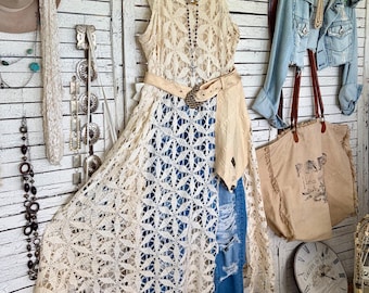 Vestido vintage de ganchillo hecho a mano, talla L, vestido o túnica confeccionada con mantel reciclado, vestido de moda sostenible, estilo bohemio, reciclado, pieza única.
