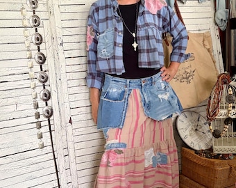 Upcycled Pink and Tattered Denim Skirt with Cropped Top XL