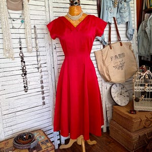 1950 red dress 1950S Red Lace Classic Vintage Summer Swing Dress, Red / L