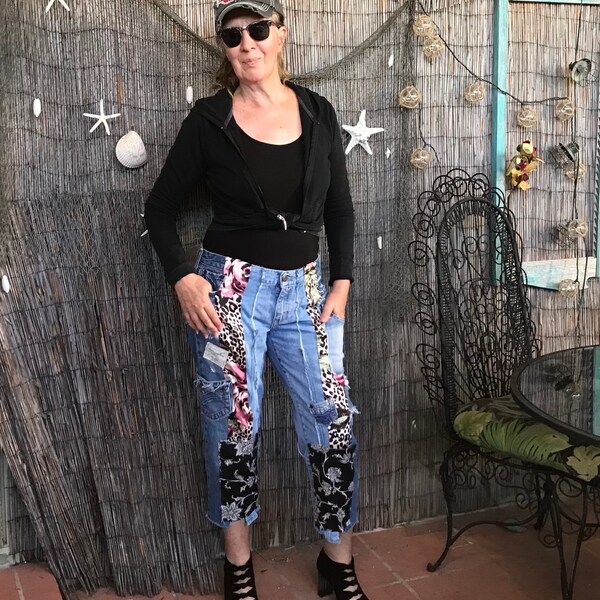 Reserved, Couture Capri Jeans M/L, Haute Patchwork Pants, Boho, OOAK, Resortwear, Upcycled Jeans, Upcycled Clothing for Women