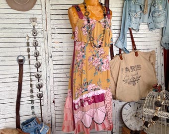 Upcycled Retro Dress M, Vintage Men's Ties and Textiles for Decor, Ruffles, Sleeveless