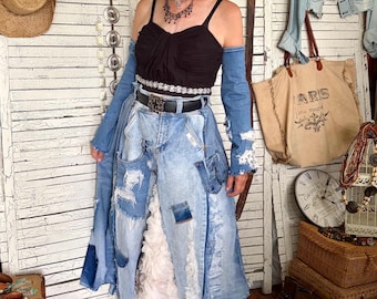 Reworked Denim Skirt with Sleeves, High Waist Patchwork, Tulle Insert, A-Line Hem, size about L