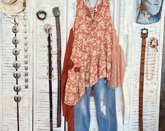 Túnica asimétrica M/L, ropa bohemia reciclada para mujer, sin mangas