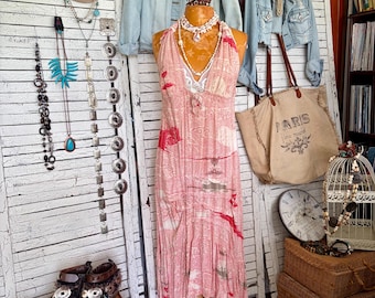 Beach Boho Halter Top Dress S, Low Open Back, 30's Vibes, Tattered and Antiqued