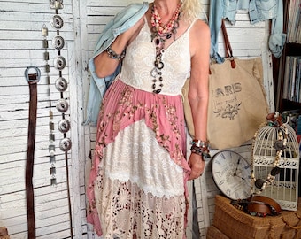 Upcycled Lace Floral Dress, Spaghetti Straps, Corset Bodice, Boho Cowgirl Style