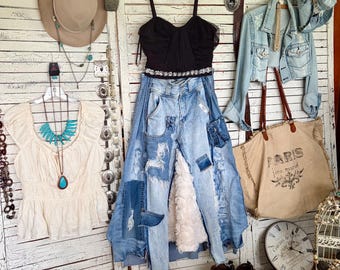 Falda vaquera rediseñada M/L, estilo retro de cintura alta con patchwork, inserción de tul en la parte delantera, reciclada, rasgada, corte en A, Denim a la Mode de Anika