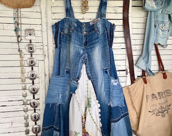 Reserved, Distressed Denim Boho Dress XL, Upcycled Vintage Linens Embroidery, A-line Hem