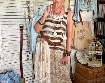 Upcycled Leopard Print Tank Dress, Brown Tan Stripes, Tiered Lace Hem (Size XL)