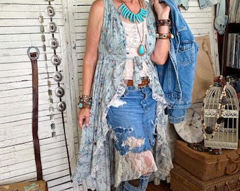 Upcycled Floral Tunic Top & Ripped Denim Skirt Set, CottageCore Prairie Style