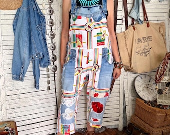 Upcycled Women's Overalls L/XL, Vintage Mexican Tablecloth Pants, with Ripped Jeans Decor