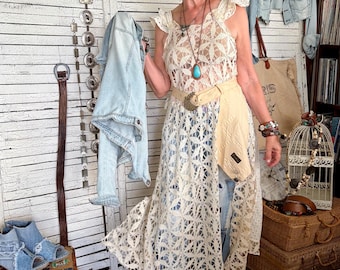 Vintage Crochet Tablecloth Dress, Reworked Ivory Tunic, Boho Upcycled One-of-a-Kind L