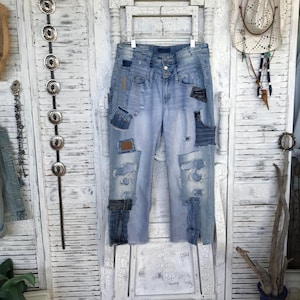 Cropped Jeans L/XL, Baggy Jeans, Upcycled Denim Patchwork Jeans, Loose Fit, Ripped Jeans, Upcycled Clothing for Women