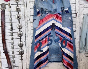 Falda vaquera retro con estrellas y rayas, talla L, estilo americano, falda vaquera reciclada.