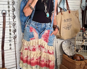 South Beach Style Upcycled Denim Skirt with Suspenders , Floral Lace, Tiered Hem, for Layering  (M/L)