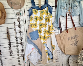 Vestido de verano reciclado talla L, vestido sin mangas de tela vintage con detalles de mezclilla.
