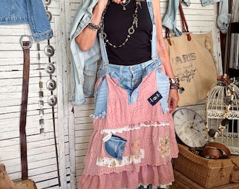 South Beach Style Upcycled Pink Eyelet Skirt with Denim Suspenders, Layering Piece (M/L)