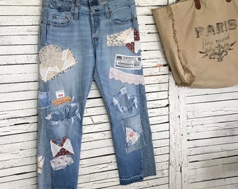 Patchwork Levi's Jeans M/L, Upcycled Jeans, Ripped Jeans, Boho, Boyfriend Jeans, Button Fly, Upcycled Clothing for Women