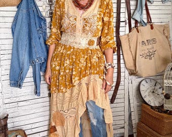 Cowgirl Boho Upcycled Long Sleeved Dress M/L, Fall Colors of Marigold and Tan