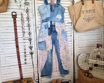 Denim and Floral Tunic Top M, for Layering over Jeans, Upcycled Clothing for Women