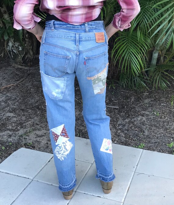 Jeans Levi s Patchwork M Jeans reciclados Jeans rotos Boho Jeans Boyfriend Bragueta con botones Ropa reciclada para mujeres Etsy Mexico