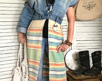 Long Blanket Coat S/M, Western Coat, Denim Coat, Duster, Vintage Jeans Coat, 2 Sleeves or Not 2 Sleeves?, Upcycled Clothing for Women