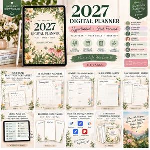 May include: A 2027 digital planner displayed on a tablet screen, featuring floral cover art, hyperlinked navigation, monthly and weekly planning pages, habit trackers, and note-taking templates with lined, dotted, and grid layouts.
