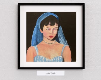 女性の青いアクリル肖像画（アズール・イェミン作）