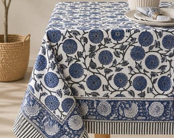 Mantel de algodón gris con estampado floral hecho a mano / Cubremesa artesanal indio