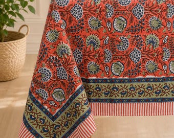Mantel de algodón con estampado floral hecho a mano, estilo bohemio, decoración de comedor de granja india.