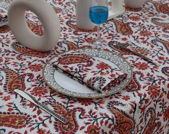 Mantel 100% algodón con estampado de bloques, funda de mesa estilo boho floral indio.