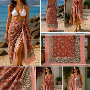 May include: A rectangular sarong featuring a vibrant red base with a detailed floral pattern in shades of green, white, and black. The fabric is bordered by a wide, light pink striped trim. This versatile piece can be worn as a skirt, dress, or scarf.