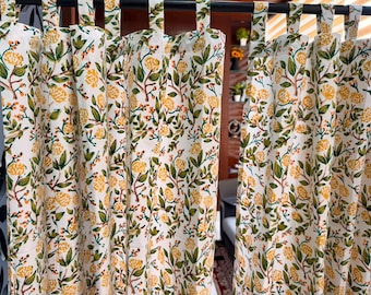 Cortinas bohemias amarillas, cortinas de algodón con estampado indio, paneles de ventana de estilo rústico floral, cortinas a medida.