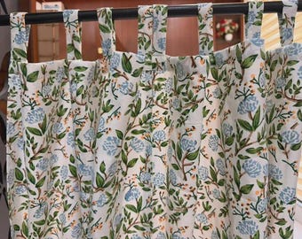 Cortinas con estampado de bloques, cortinas de algodón con estampado floral para cafetería, decoración bohemia para la habitación del bebé, cortinas botánicas estampadas a mano, decoración para la sala de estar.