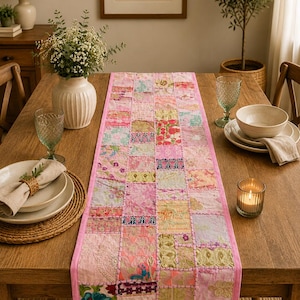 Sari Patchwork Table Runner: Vintage Indian Tapestry, Handmade Cotton Decor.