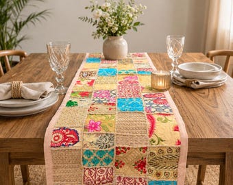Indischer Patchwork Tischläufer Bunt Boho Esszimmer Handgemacht Baumwolle Tischläufer Ethnische Wohnkultur Bauernhaus Tischdekor.