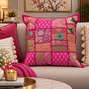 Boho kussenhoes, Indiaas sierkussen 16x16, kleurrijk, decoratieve kussenhoes voor boho-decoratie | patchwork kussenhoes.