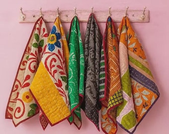 Toallas de cocina Kantha hechas a mano, paños de cocina de algodón con estampado de bloques, paños de cocina estilo boho, juego de toallas de mano acolchadas vintage indias.