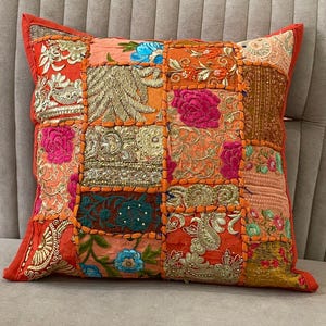 Colorful Indian Patchwork Cushion Cover - Boho Embroidered Decorative Pillow Case - Handmade Cotton Square Throw Pillow for Couch, 16x16